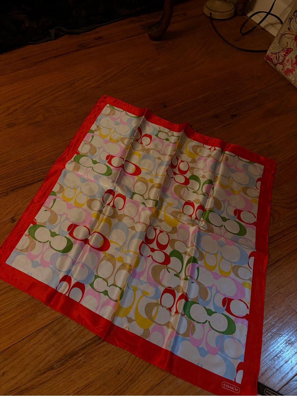 Coach Red Border Signature Print Silk Scarf